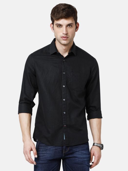 LINEN CLUB BLACK SOLID REGULAR FIT LINEN SHIRT FOR MEN from Linen Club