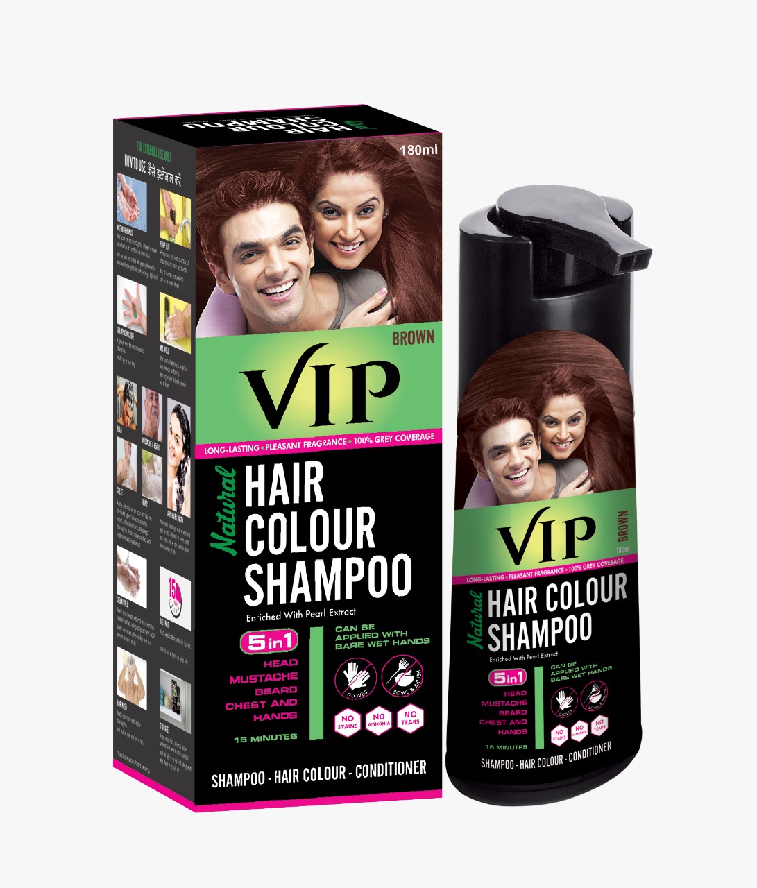 VIP Hair Colour Shampoo, 180ml Brown