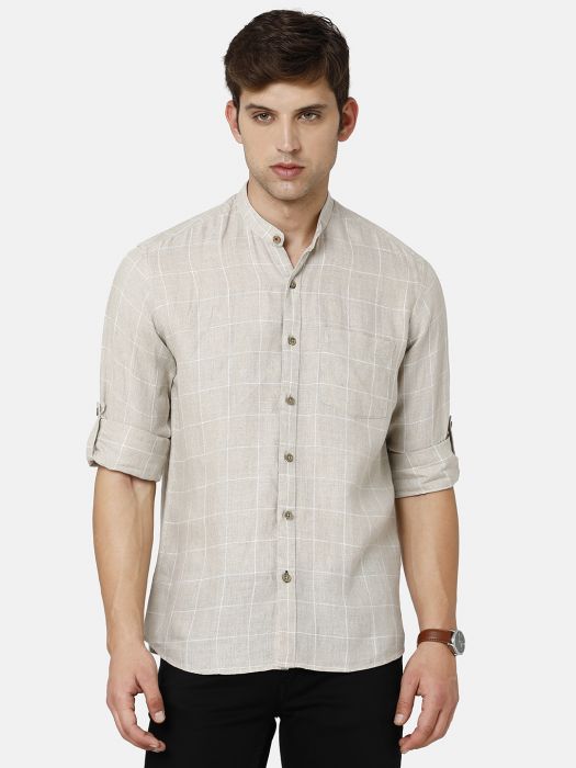 LINEN CLUB BEIGE CHECKED REGULAR FIT LINEN SHIRT FOR MEN from Linen Club