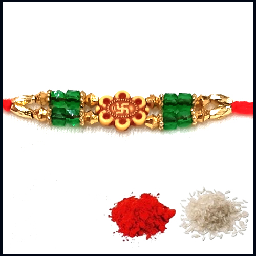 Wooden Swastik Mark Red Beads Rakhi from Rakhi Store
