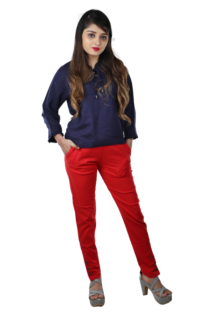 Plain Ladies Red Cotton Stretchable Pant