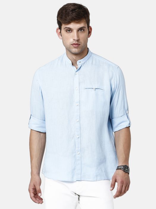 LINEN CLUB BLUE SOLID REGULAR FIT LINEN SHIRT FOR MEN