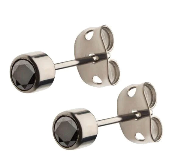 Titanium Bezel Set AAA Black CZ Stud Earrings from Inox Jewelry